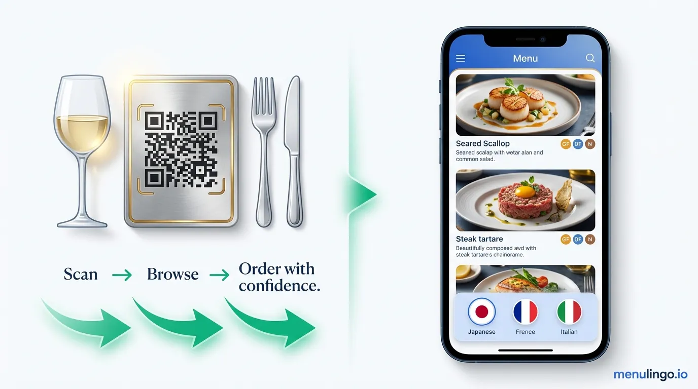 Fine dining digital menu on smartphone with allergen filtering and multilingual language selector