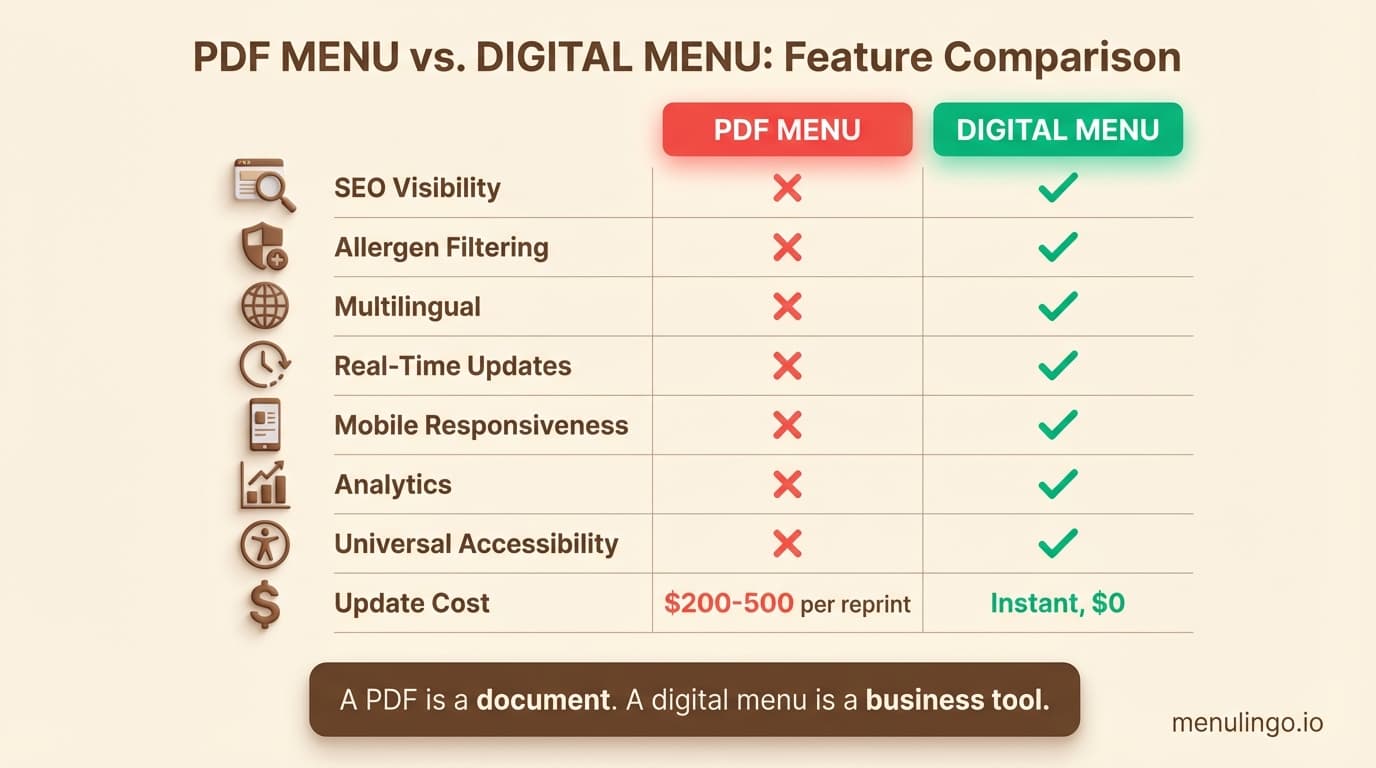 Side-by-side comparison of PDF menu limitations versus dedicated digital menu features for restaurants