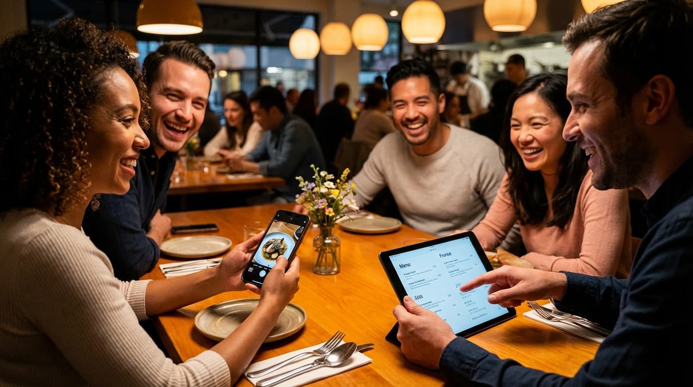 Personalised multilingual restaurant menu showing allergen labels and language switching on a diner's phone