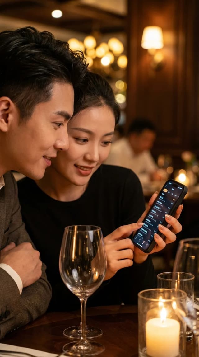 Chinese diners smiling while reading a translated restaurant menu on their phone