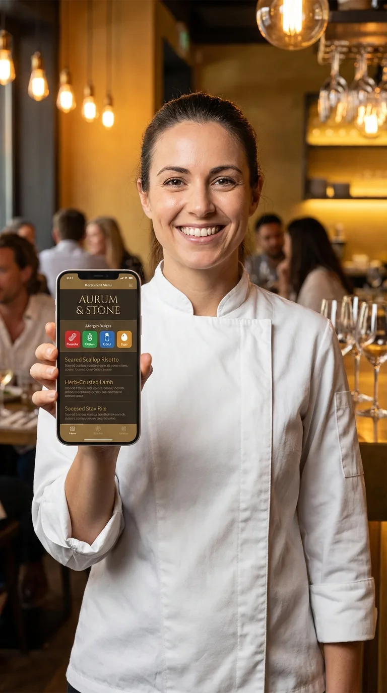 Restaurant chef holding iPhone showing MenuLingo digital menu with brown and gold branded UI, allergen badges, and diners in background