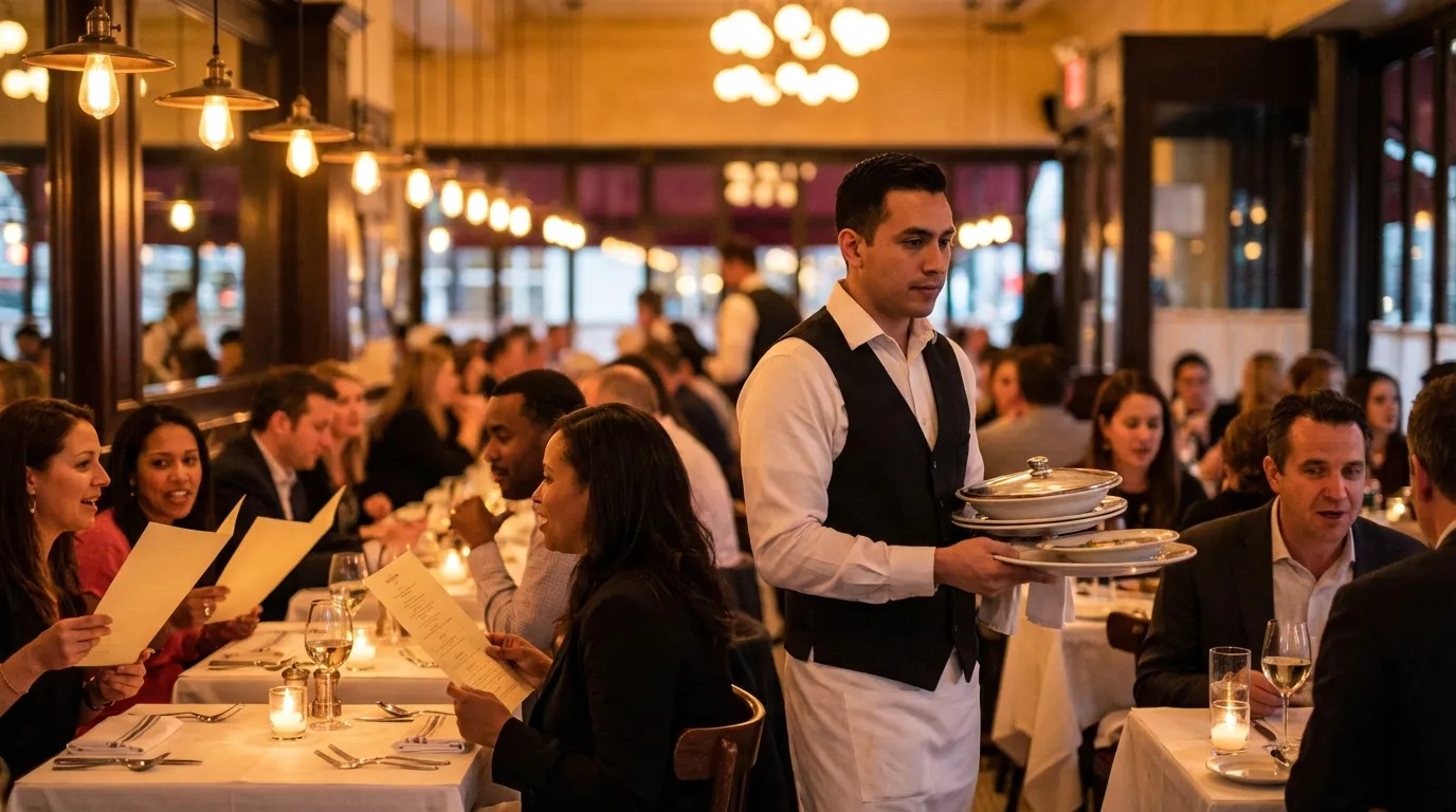 Busy restaurant during dinner service — waiter carrying plates between tables while diners study menus
