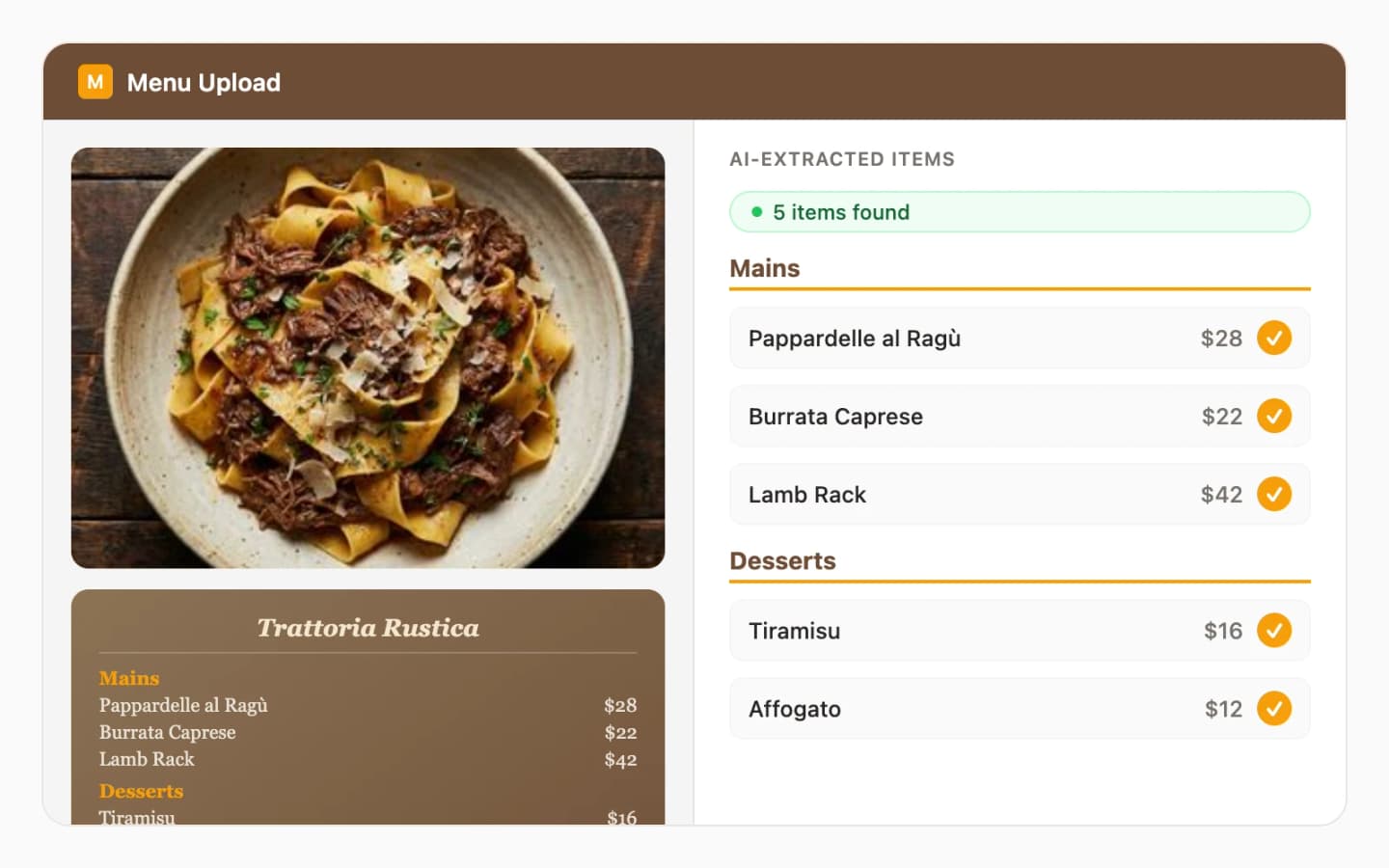 Menu photo uploaded on the left with AI-extracted dishes, categories, and prices on the right
