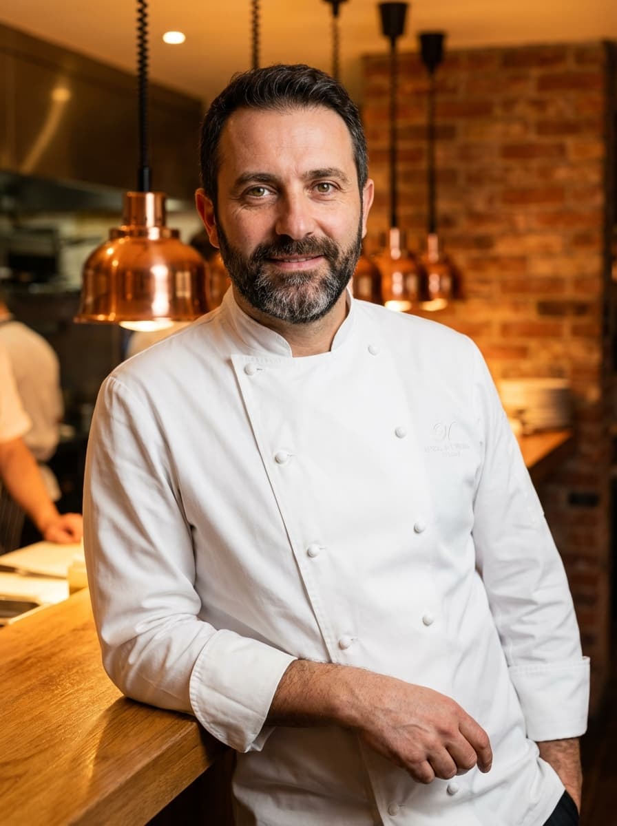 Restaurant chef in white jacket leaning on kitchen counter — MenuLingo Meet the Chef feature