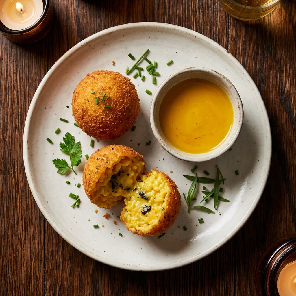 Golden arancini appetiser on digital restaurant menu
