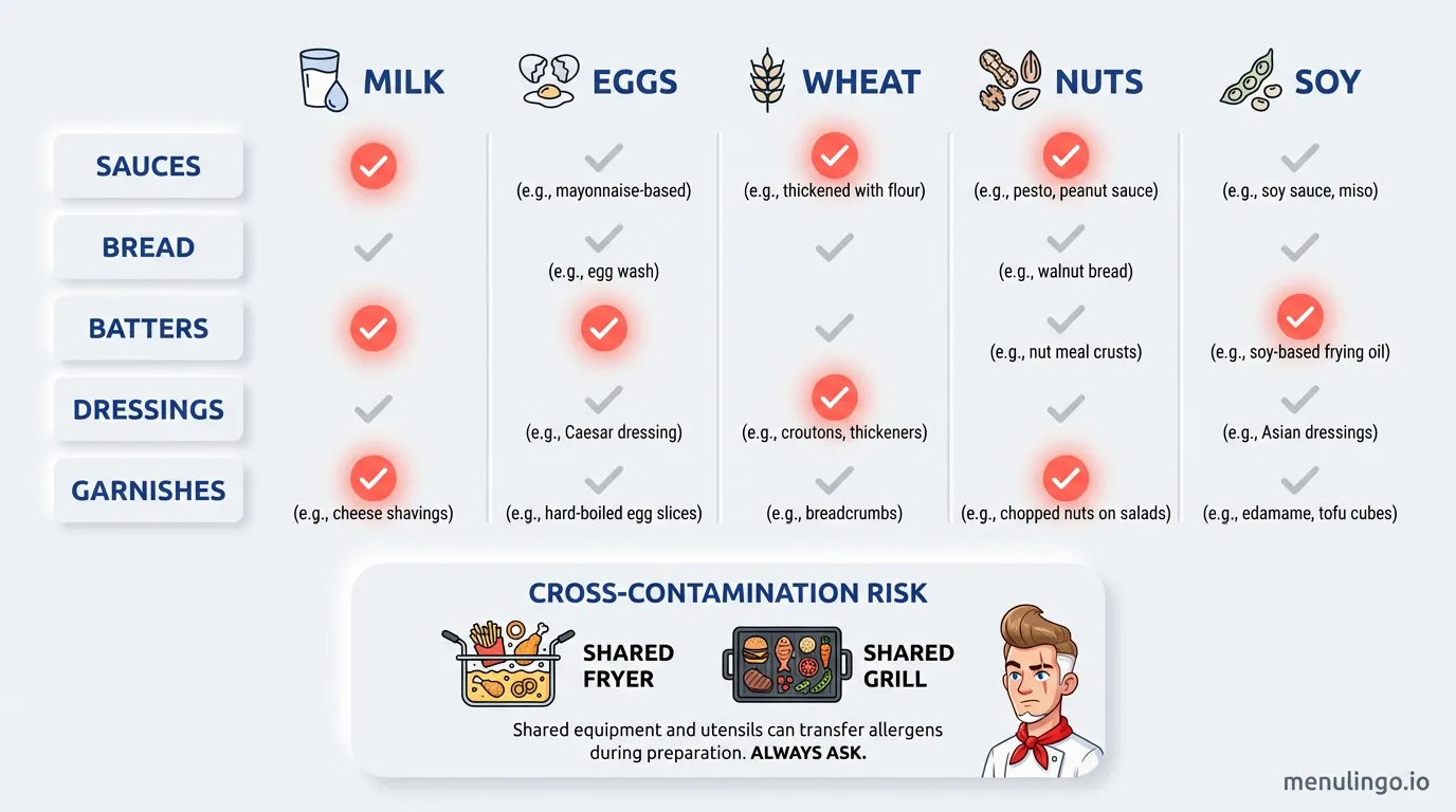 Allergen identification chart showing common hidden sources of major allergens in restaurant dishes