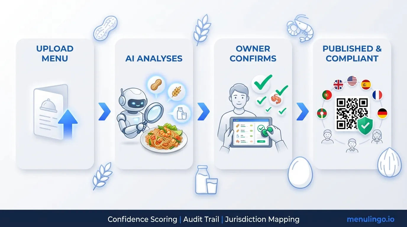 Visual FAQ checklist showing allergen detection workflow from menu upload through AI analysis to owner confirmation