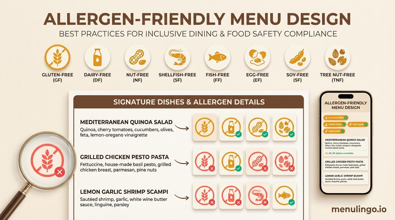 Allergen-friendly menu design showing colour-coded allergen icons and clear visual hierarchy