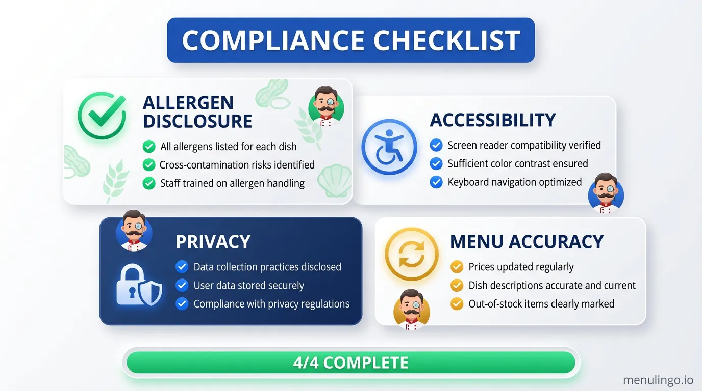 Digital menu compliance checklist for restaurants showing allergen disclosure and accessibility requirements