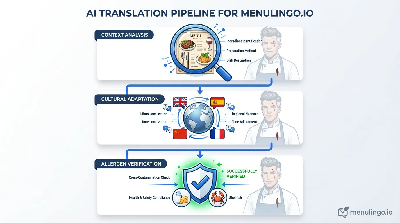AI menu translation pipeline showing dish flowing through culinary context analysis and allergen verification
