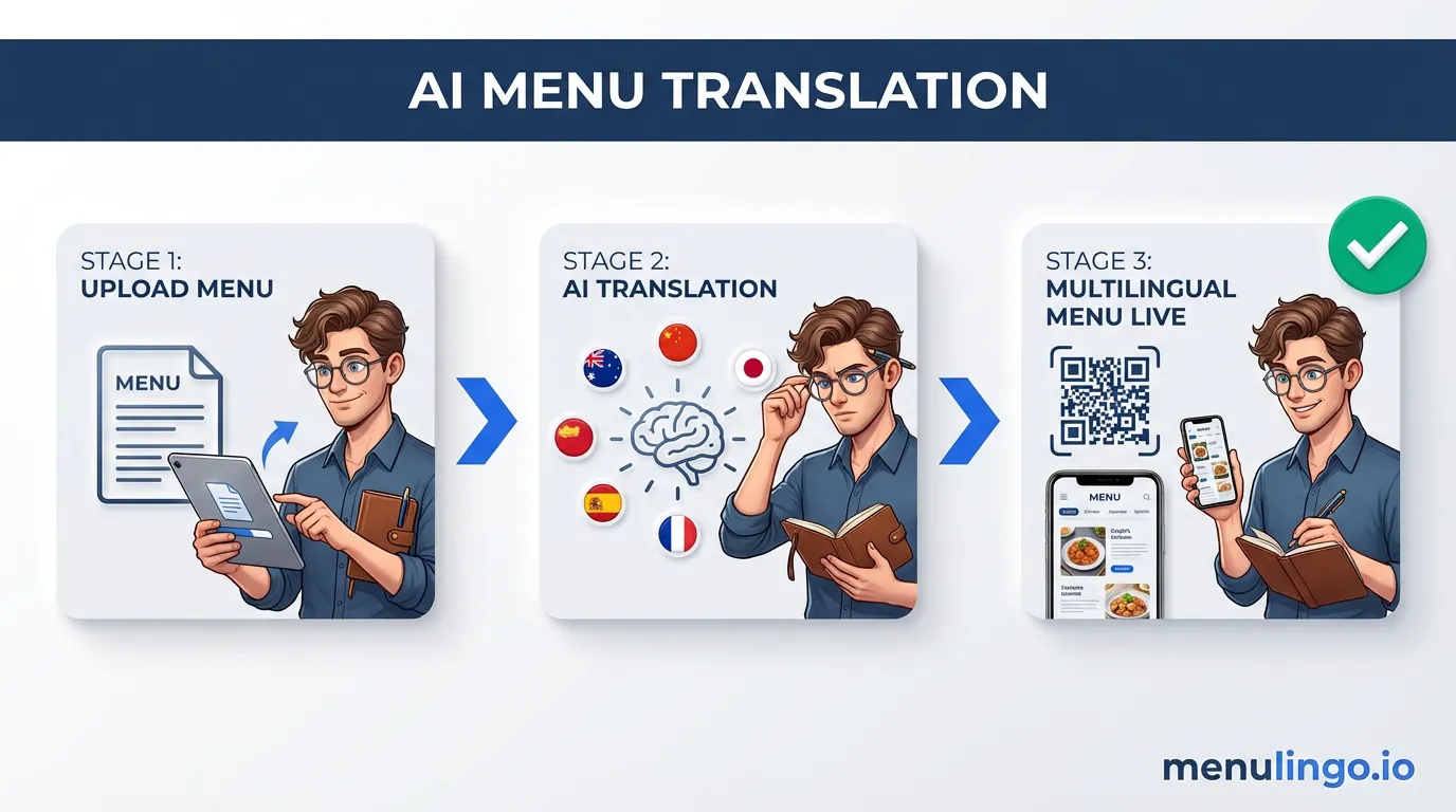 AI restaurant menu translation process converting dishes into multiple languages with allergen accuracy