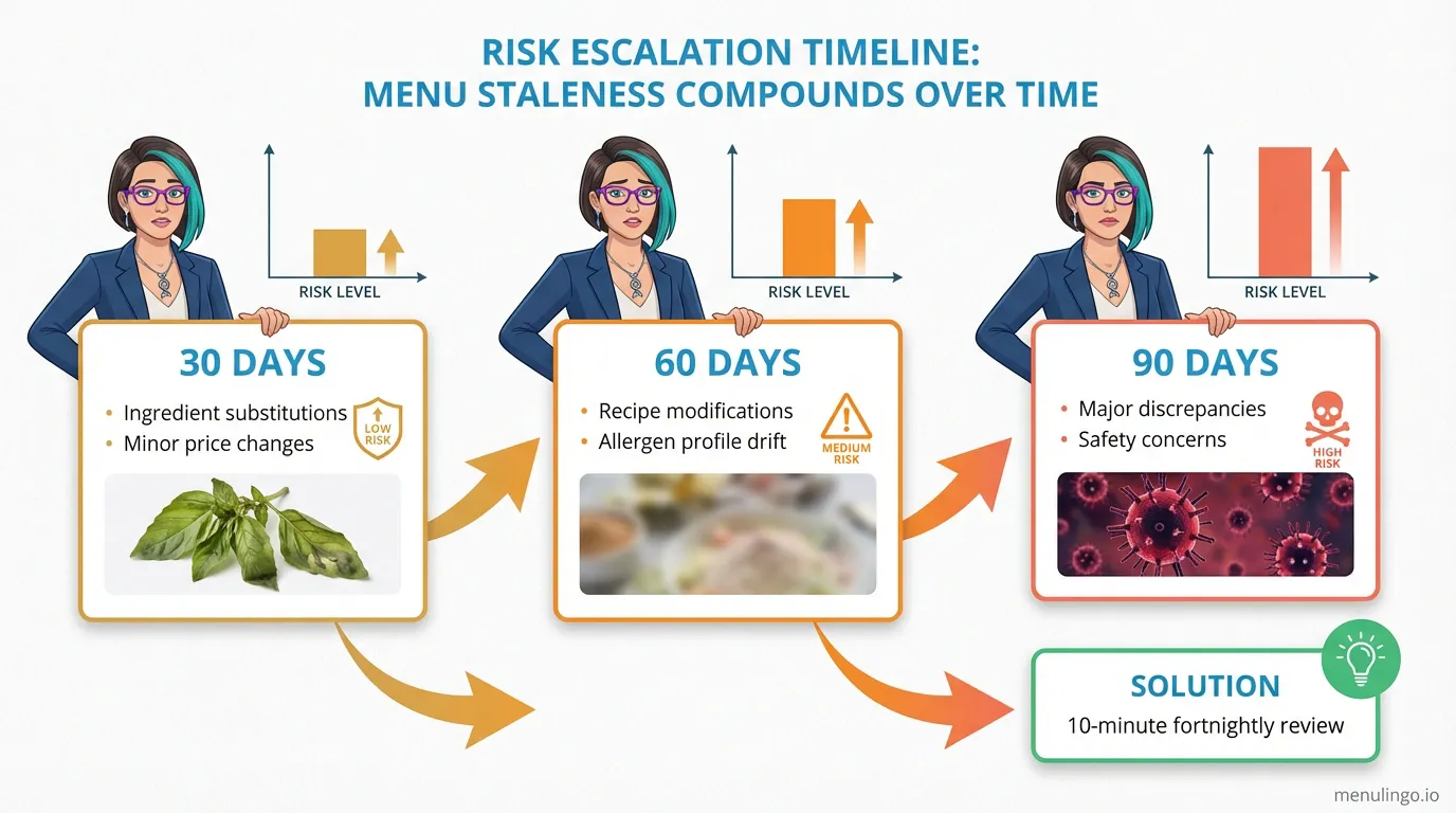 Timeline showing how menu staleness compounds over 30, 60, and 90 days with increasing risk levels