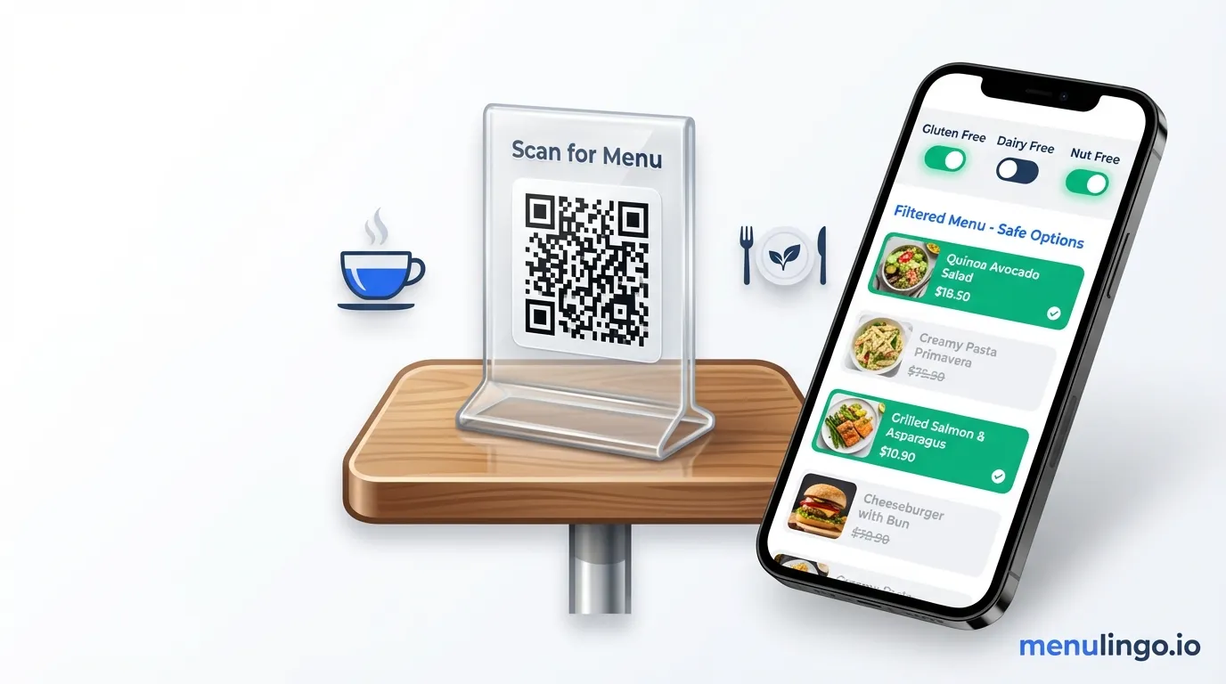 QR code menu with allergen filtering on diner phone at small restaurant showing gluten-free and dairy-free filters