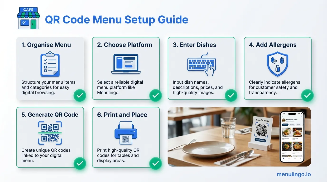QR code menu setup guide showing small restaurant table card and digital menu on smartphone