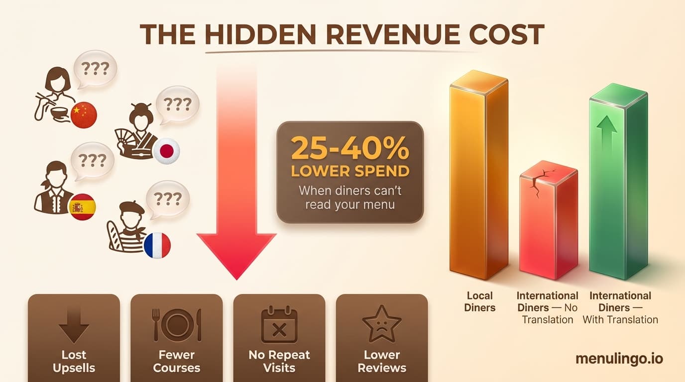 Restaurant language barrier revenue impact showing international diners struggling with English-only menu