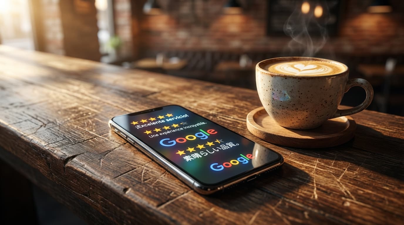 International diners sharing their restaurant experience on social media after reading a multilingual menu