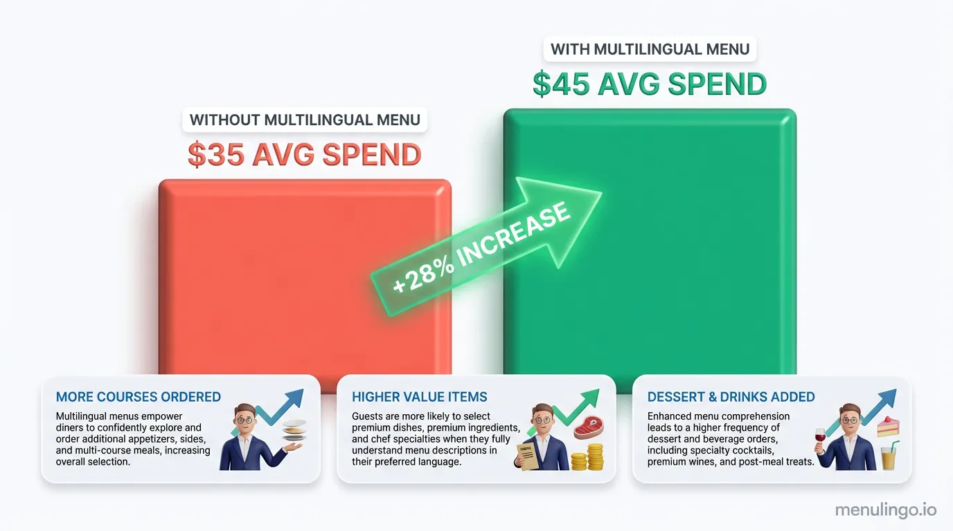 Multilingual restaurant menu revenue comparison showing increased spend per cover for international tourists