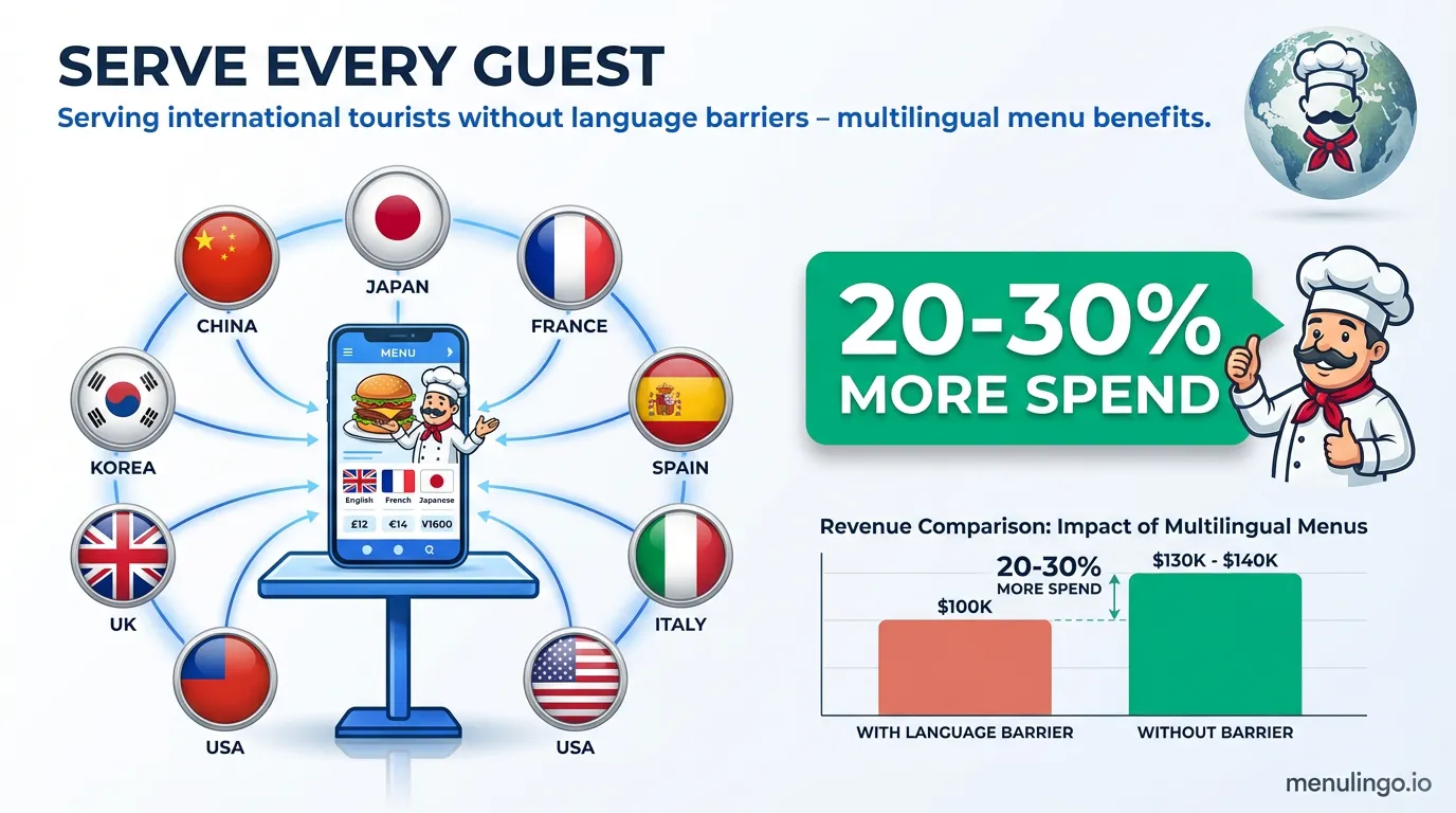 International tourists using multilingual QR code menu on phones at restaurant table