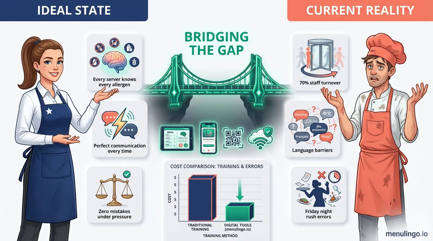 Infographic showing the gap between ideal allergen training and reality in high-turnover restaurant environments