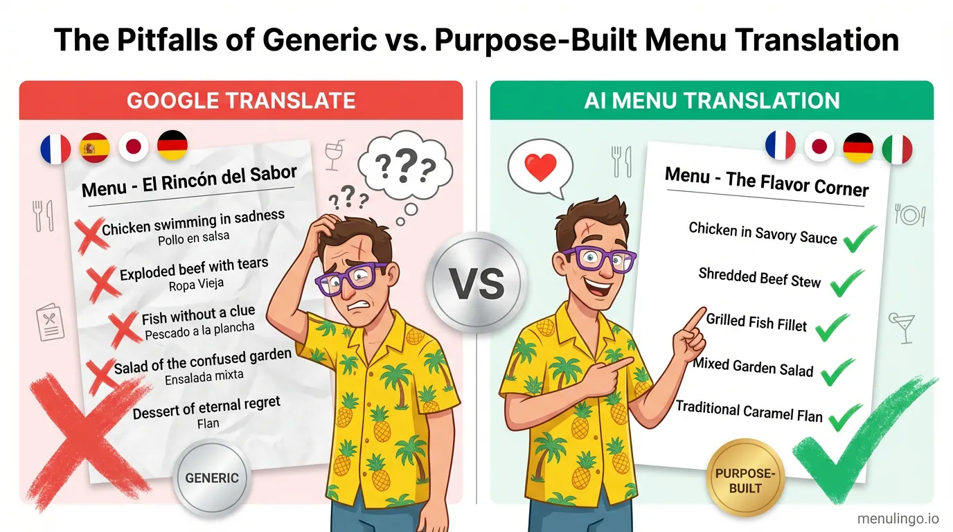 Google Translate vs AI restaurant menu translation showing allergen accuracy differences for dishes