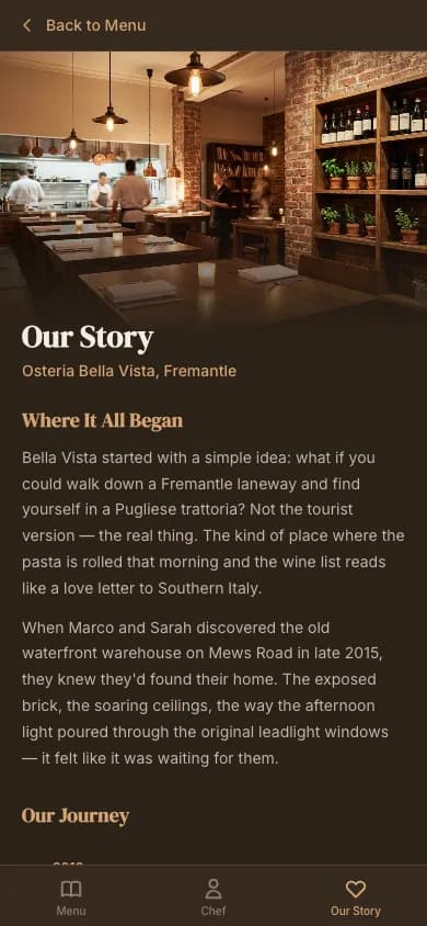 MenuLingo Our Story page on mobile — restaurant history and heritage
